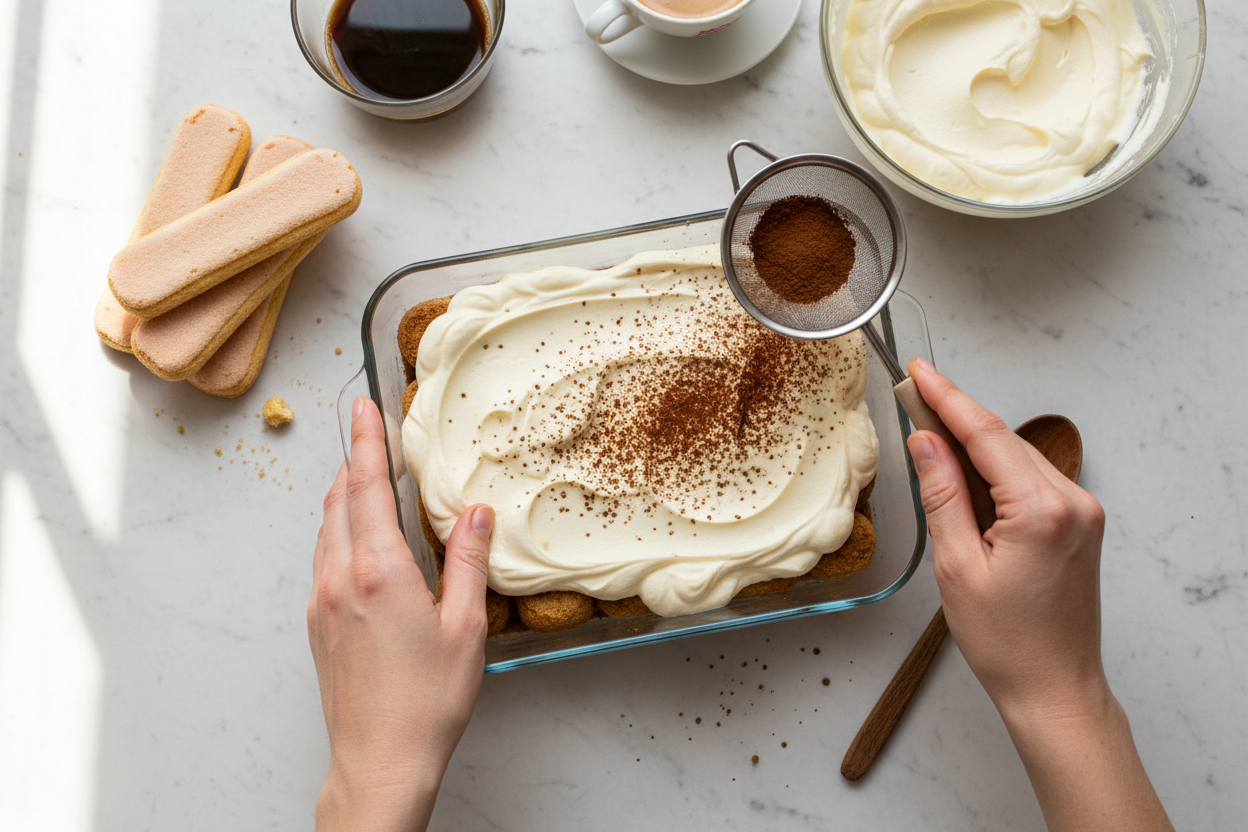 Hands preparing tiramisu