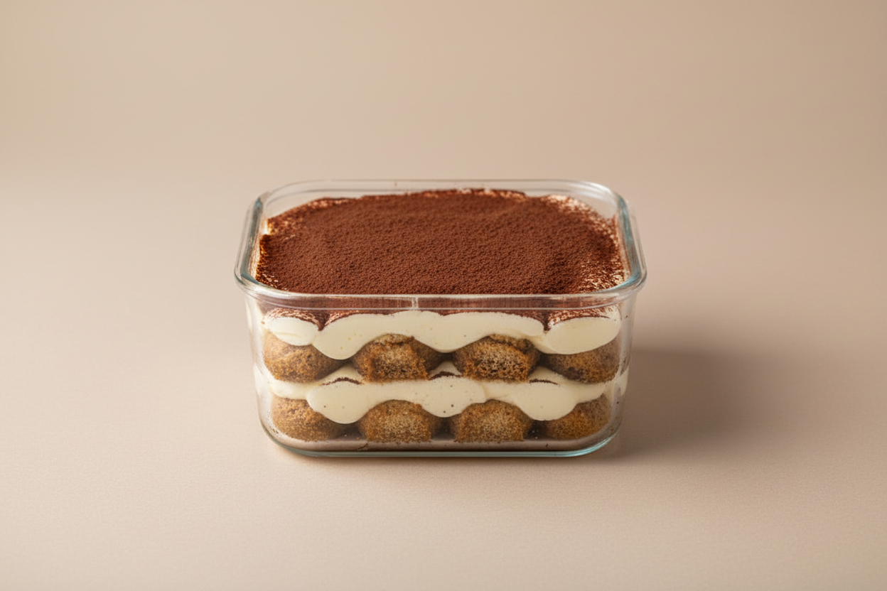 Tiramisu in a square glass box